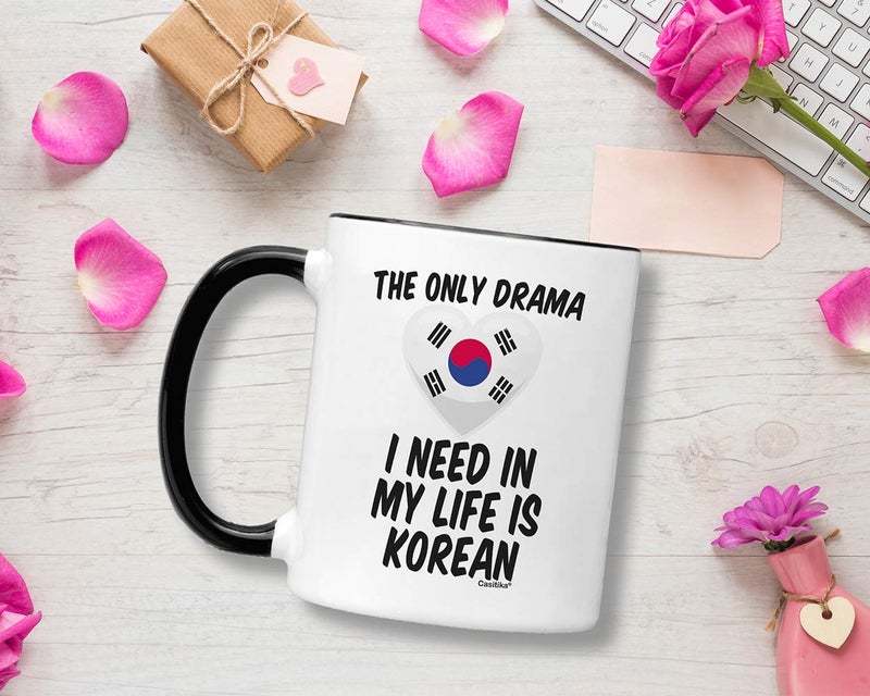 Casitika Kdrama Mugs. 11 oz Korean Coffee Mug. The Only Drama I Need In My Life Is Korean. (11 oz Black Handle/Rim) - Image 3